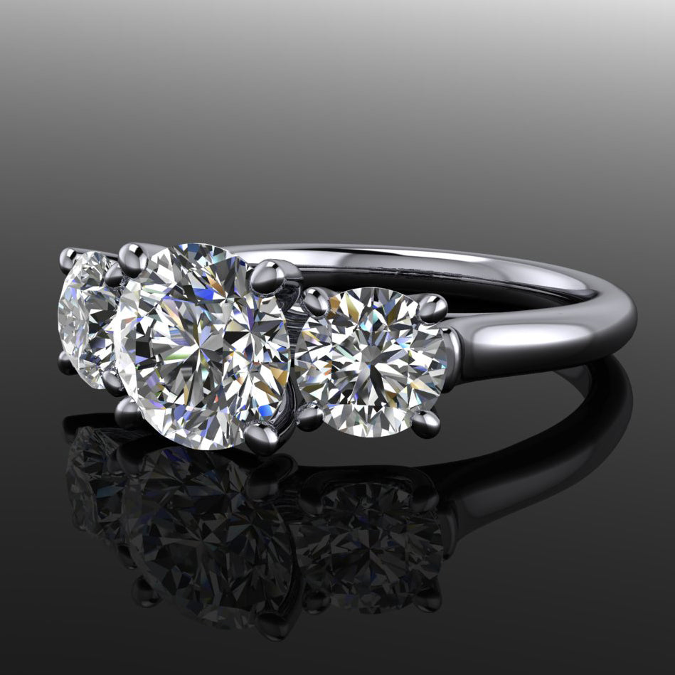 ready to ship - eden ring - 2 carat round moissanite engagement ring, 3  stone anniversary band