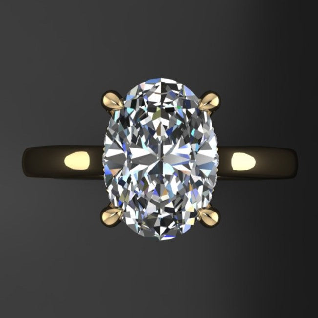 2.5 carat oval moissanite ring in a cathedral setting with a diamond side halo - top view