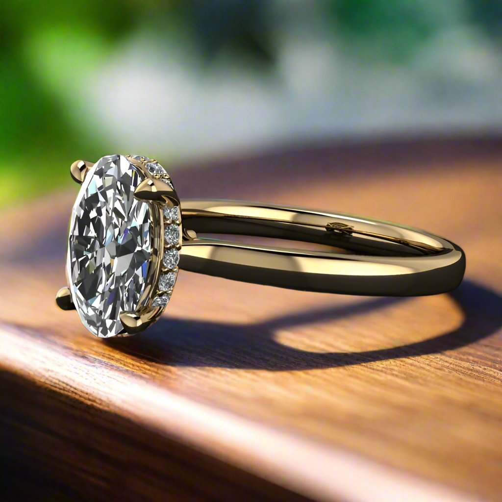 2.5 carat oval moissanite ring in a cathedral setting with a diamond side halo - table view