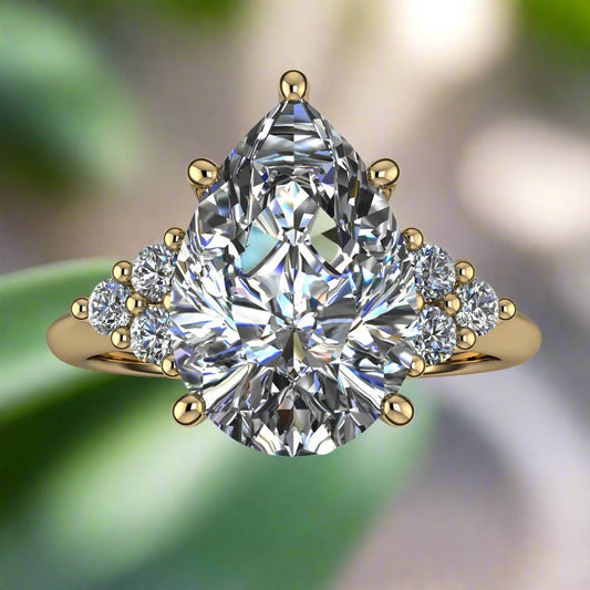 aussie ring – 3.5 carat carat pear shaped moissanite engagement ring, lab grown diamond side stones