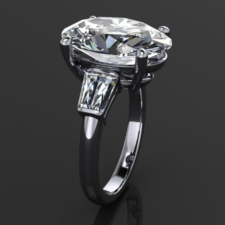 6 carat oval lab create diamond, three stone engagement ring - side view