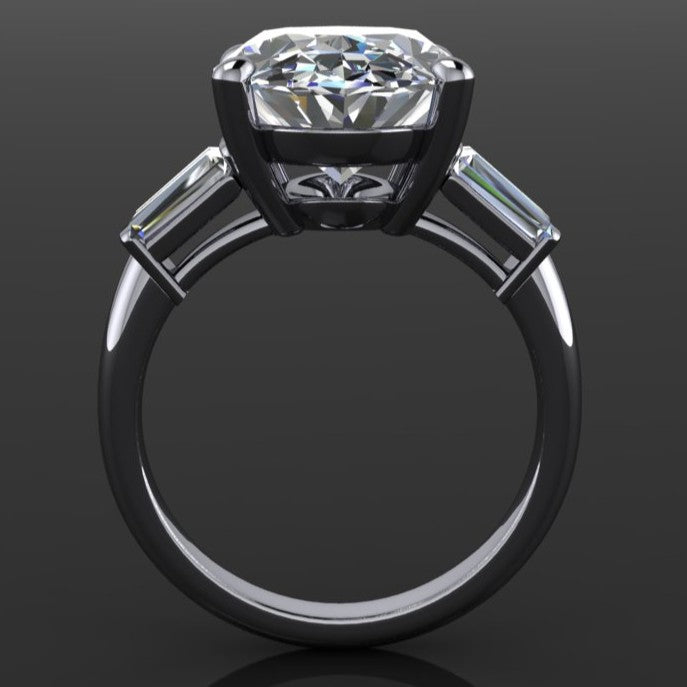 6 carat oval lab create diamond, three stone engagement ring - profile view