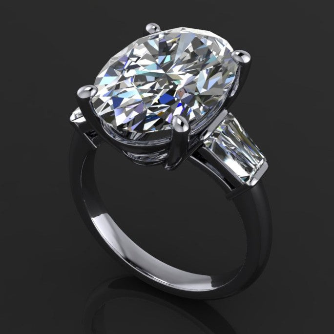 6 carat oval lab create diamond, three stone engagement ring - angle view