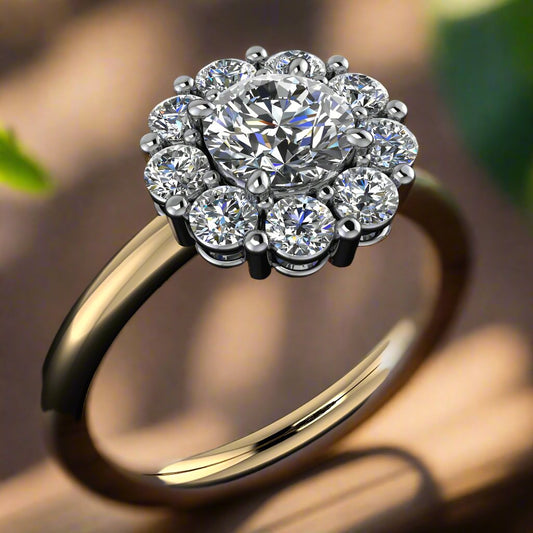 helene ring - cluster style halo moissanite engagement ring - angle view