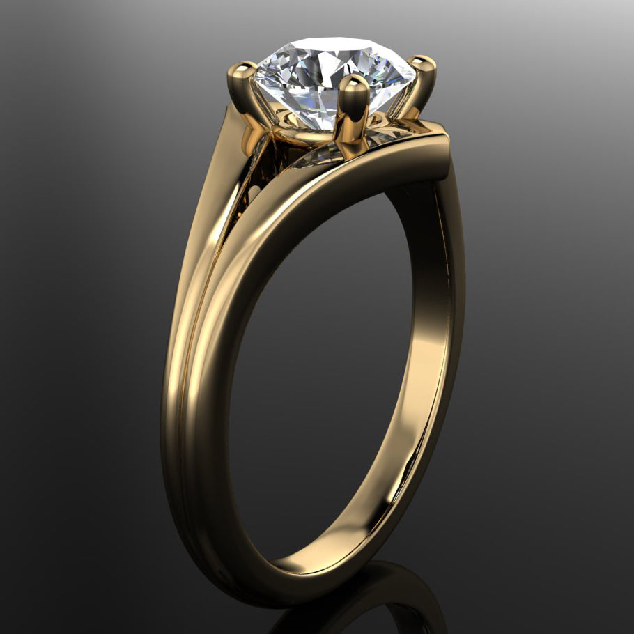 echo ring - 1 carat round engagement ring with chevron style band - side view