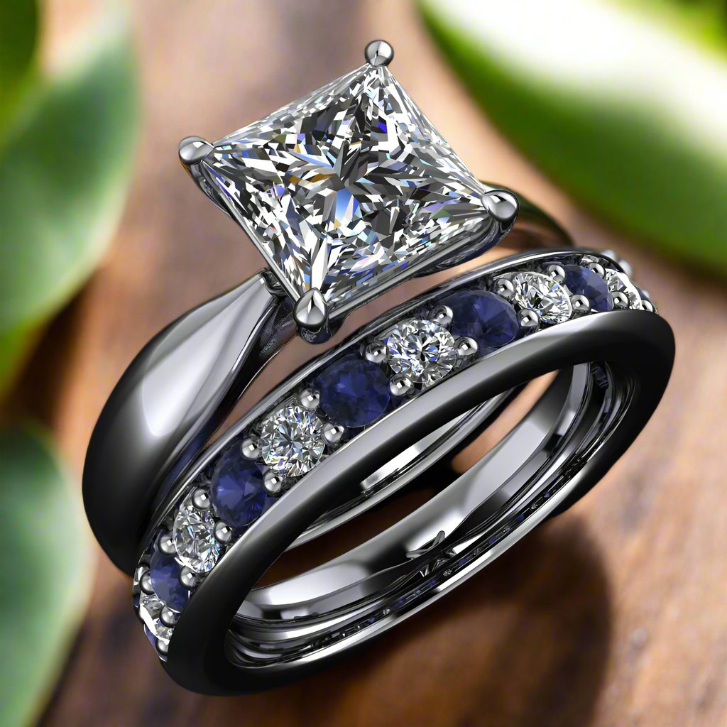 princess cut engagement ring with sapphire band - 