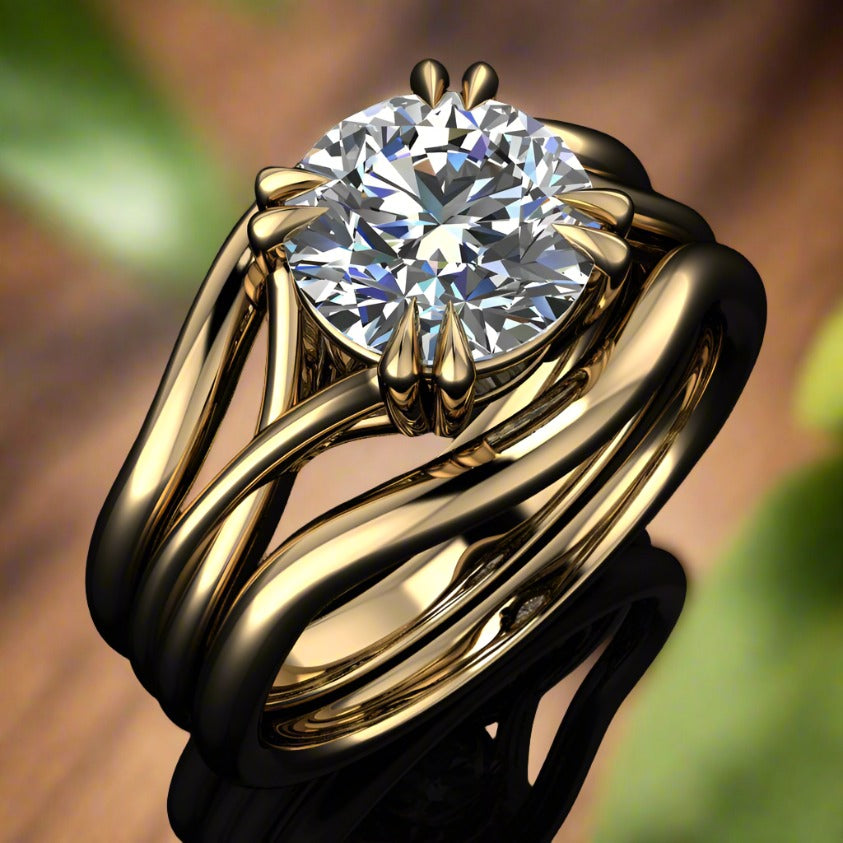 round engagement ring with 2 gold matching wedding bands - angle view