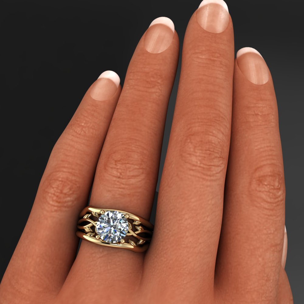 2 carat round diamond ring - model shot with wedding bands