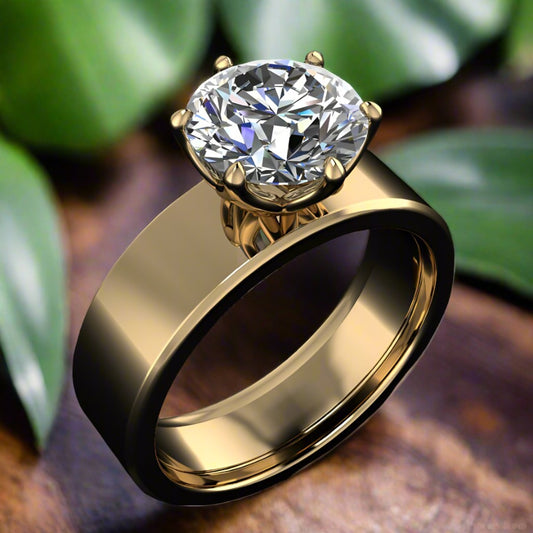 nova ring - cigar band engagement ring set with a 2 carat round moissanite - tilted forward