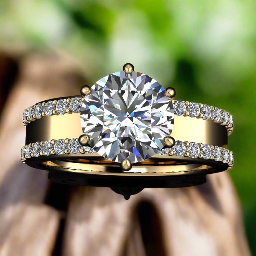 nova III ring - wide cigar band style engagement ring with round 2 carat diamond - top view