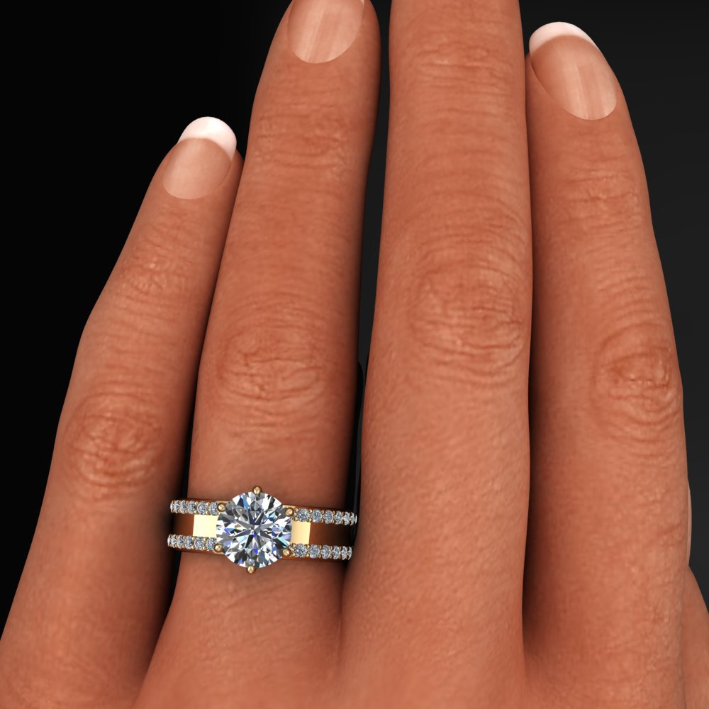 nova III ring - wide cigar band style engagement ring with round 2 carat diamond - model shot