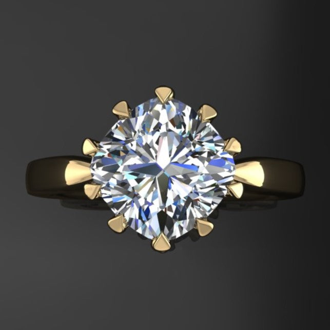 The Lady Danbury ring featuring a 2.5 carat old mine cut cushion moissanite center. A solitaire ring with 10 prongs, top view