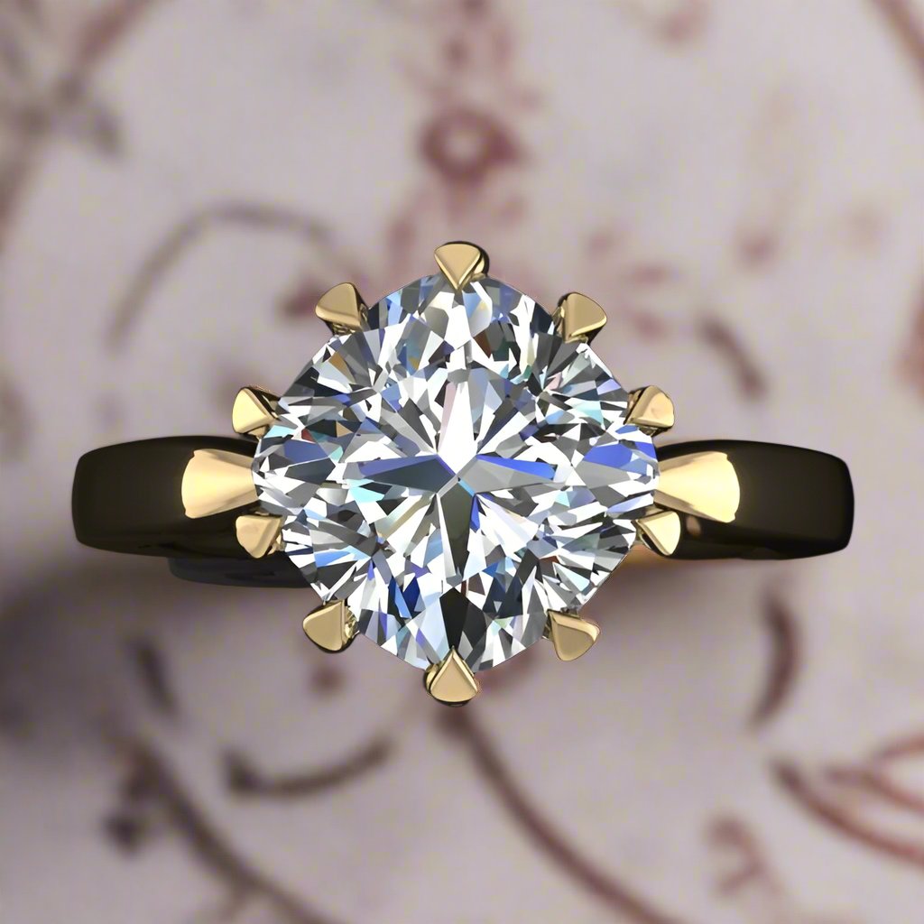 The Lady Danbury ring featuring a 2.5 carat old mine cut cushion moissanite center. A solitaire ring with 10 prongs - second top view