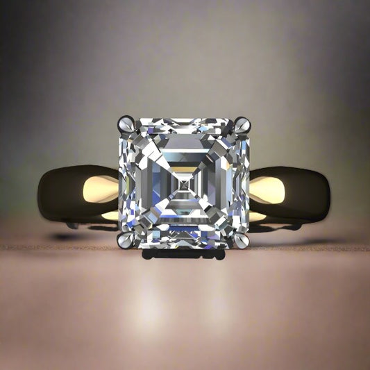 2.7 carat asscher solitaire engagement ring with a wide band that tapers towards the center stone
