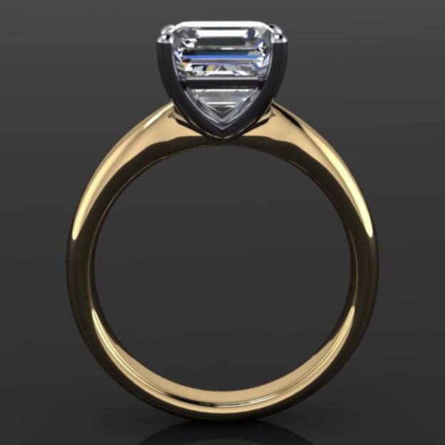 2.7 carat asscher solitaire engagement ring with a wide band that tapers towards the center stone - profile view