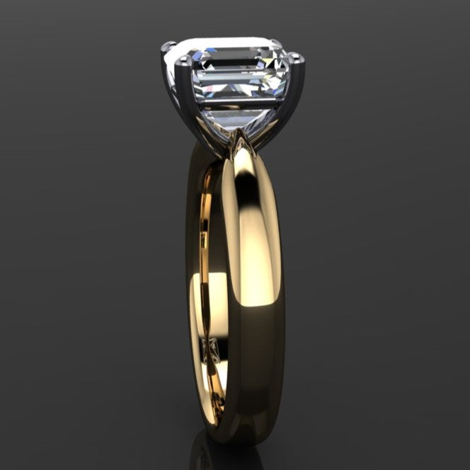 2.7 carat asscher solitaire engagement ring with a wide band that tapers towards the center stone - side view