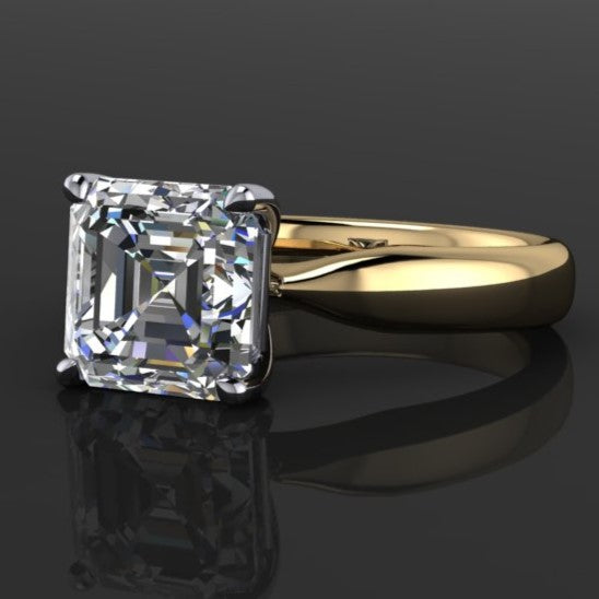 2.7 carat asscher solitaire engagement ring with a wide band that tapers towards the center stone - flat view