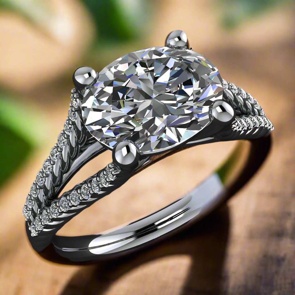 2.5 carat oval lab created diamond engagement ring with a diamond studded split band - table view