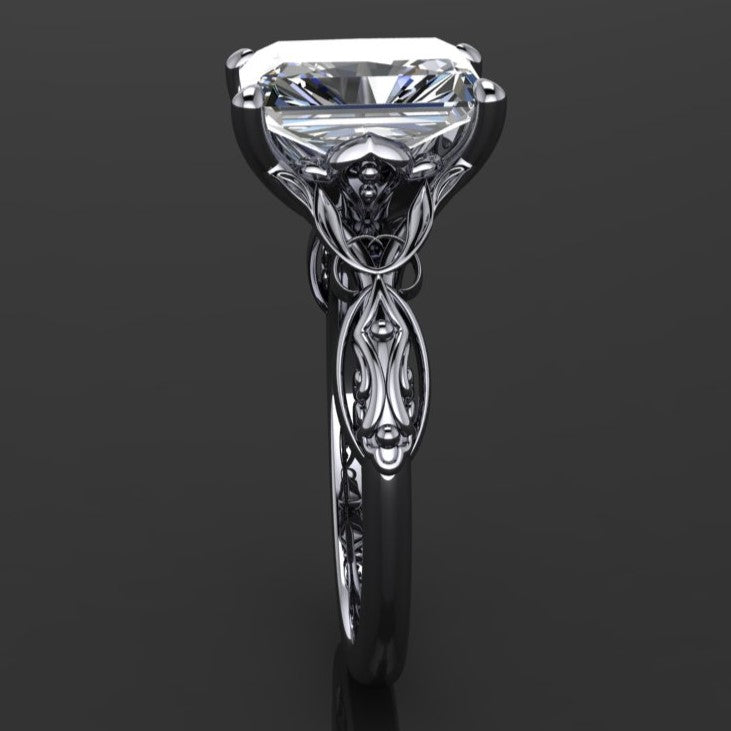 2.7 carat radiant moissanite ring - fairy inspired Vidia ring - second side view