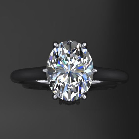 Darby ring - oval engagement ring with a moissanite center and diamonds on the bridge - top view