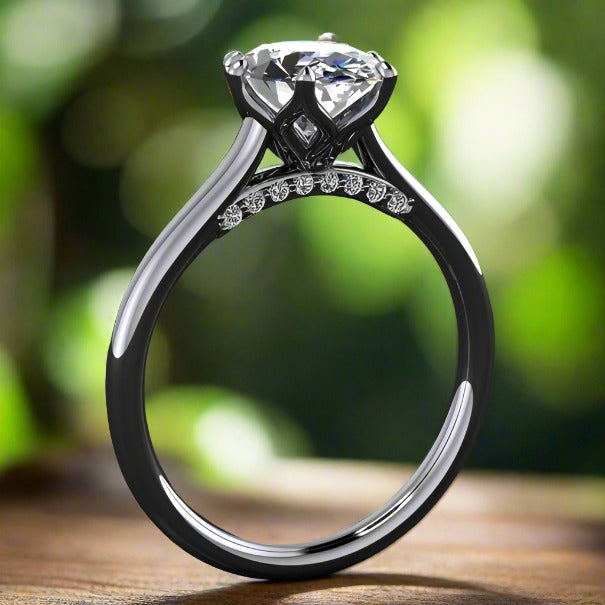 Darby ring - oval engagement ring with a moissanite center and diamonds on the bridge - angle view
