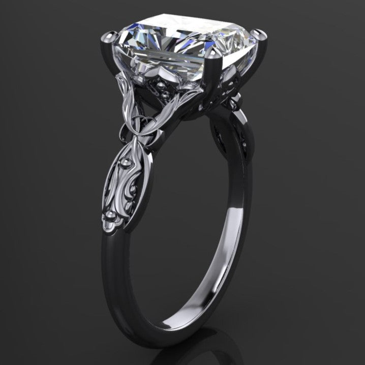 2.7 carat radiant moissanite ring - fairy inspired Vidia ring - side view