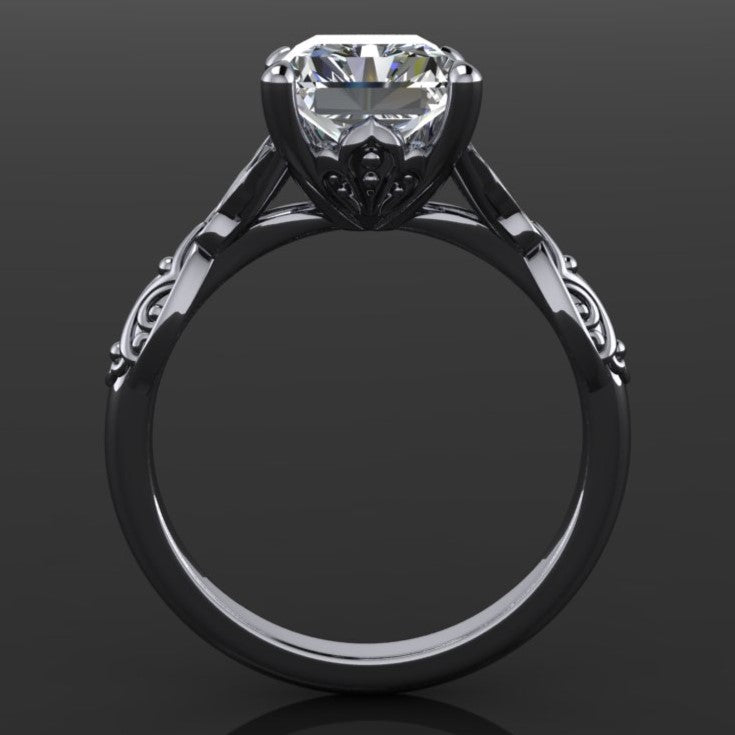 2.7 carat radiant moissanite ring - fairy inspired Vidia ring - profile view