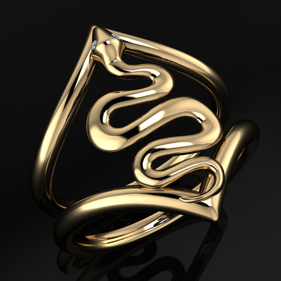 gold snake ring with diamond eyes - angle view