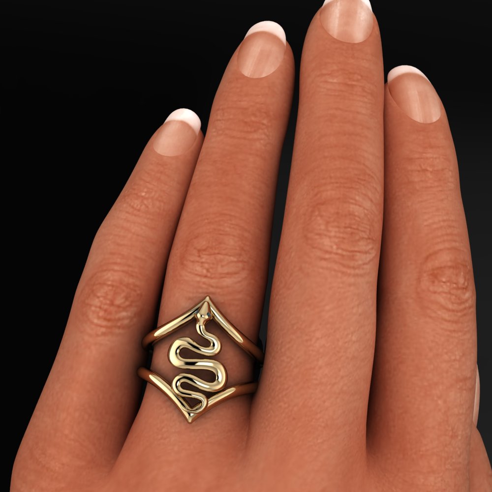 gold snake ring with diamond eyes - model shot