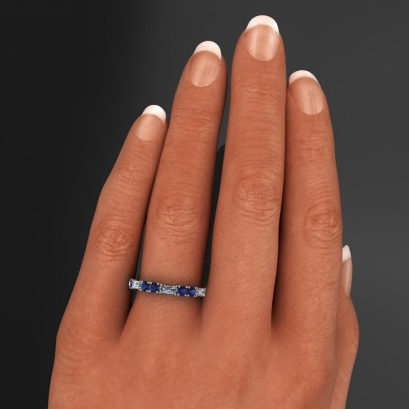 lab grown sapphire and moissanite bella band - hand model