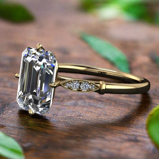 10x7 elongated emerald cut moissanite celia ring, flat view